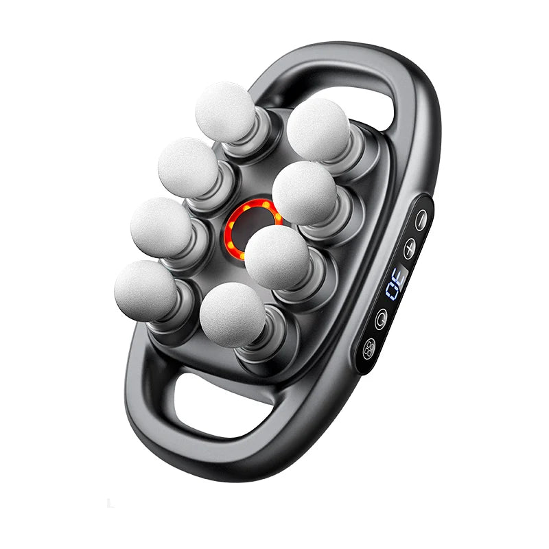 Smart electric fascia massager for deep muscle relief with multiple massage heads and digital display.