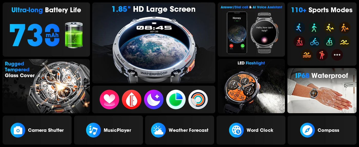 Karchilor Smart Watch features: 1.85" HD screen, 730mAh battery, IP64 waterproof, and 110+ sports modes.