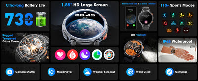 Karchilor Smart Watch features: 1.85" HD screen, 730mAh battery, IP64 waterproof, and 110+ sports modes.