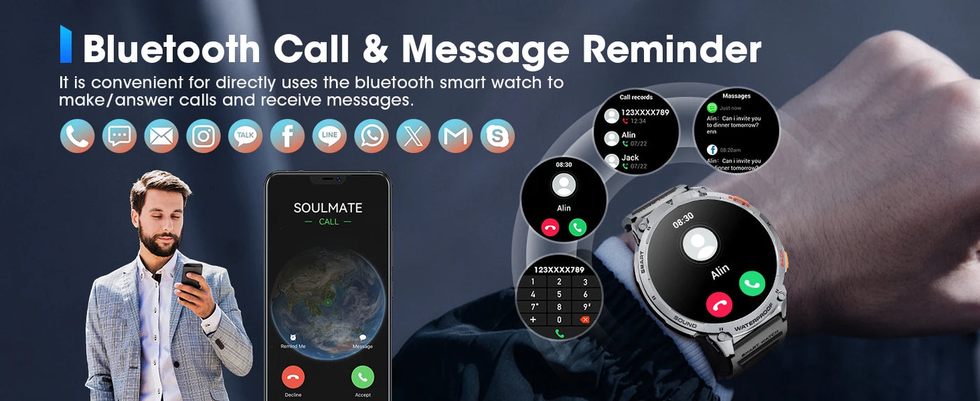 Karchilor Smart Watch showcasing Bluetooth call and message reminder features for convenience in communication.