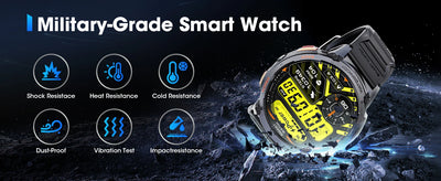 Military-grade smart watch showcasing shock, heat, cold, dust, vibration, and impact resistance features.