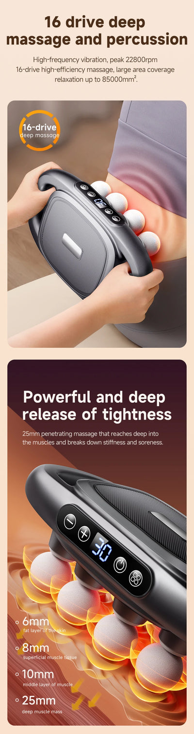 Smart electric fascia massager with 16 drive deep massage and percussion for muscle relief and relaxation.