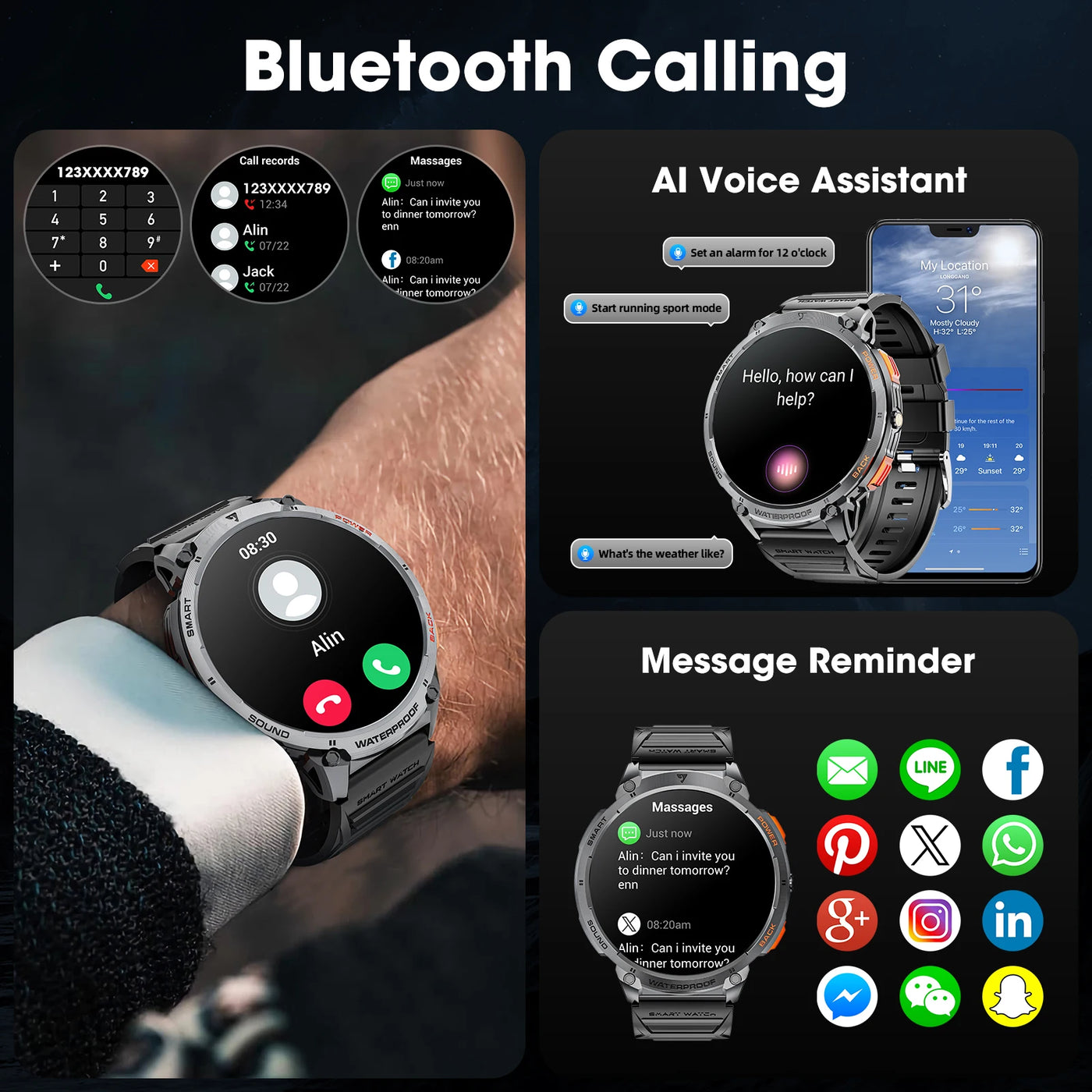 Karchilor Smart Watch showcasing Bluetooth calling features with AI assistant and message reminder on a wrist.