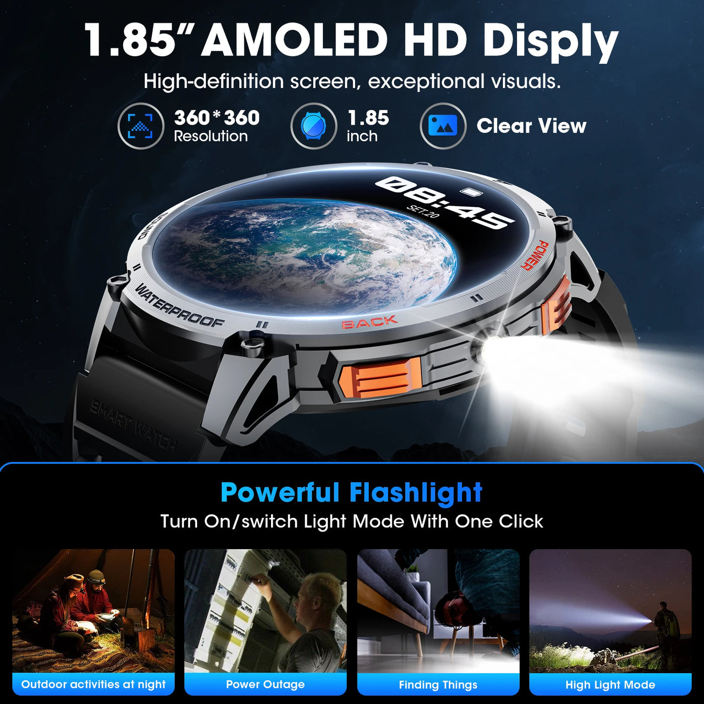 2025 Karchilor Smart Watch features 1.85" AMOLED HD display with waterproof design and powerful flashlight.