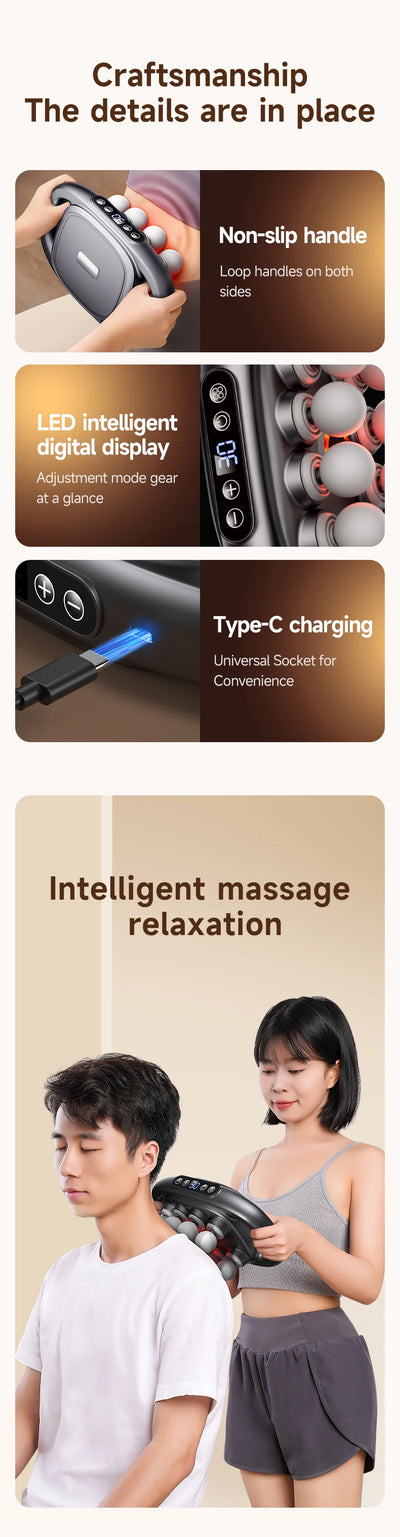 Features of the smart electric fascia massager include a non-slip handle, LED display, and Type-C charging for deep muscle relief.