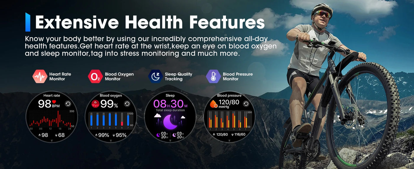 Extensive health features of a smartwatch, displaying heart rate, blood oxygen, sleep quality, and blood pressure stats.