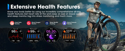 Extensive health features of a smartwatch, displaying heart rate, blood oxygen, sleep quality, and blood pressure stats.