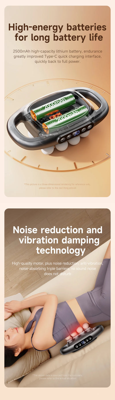 High-energy batteries in Head Massage Gu for long battery life, featuring noise reduction and vibration damping technology.