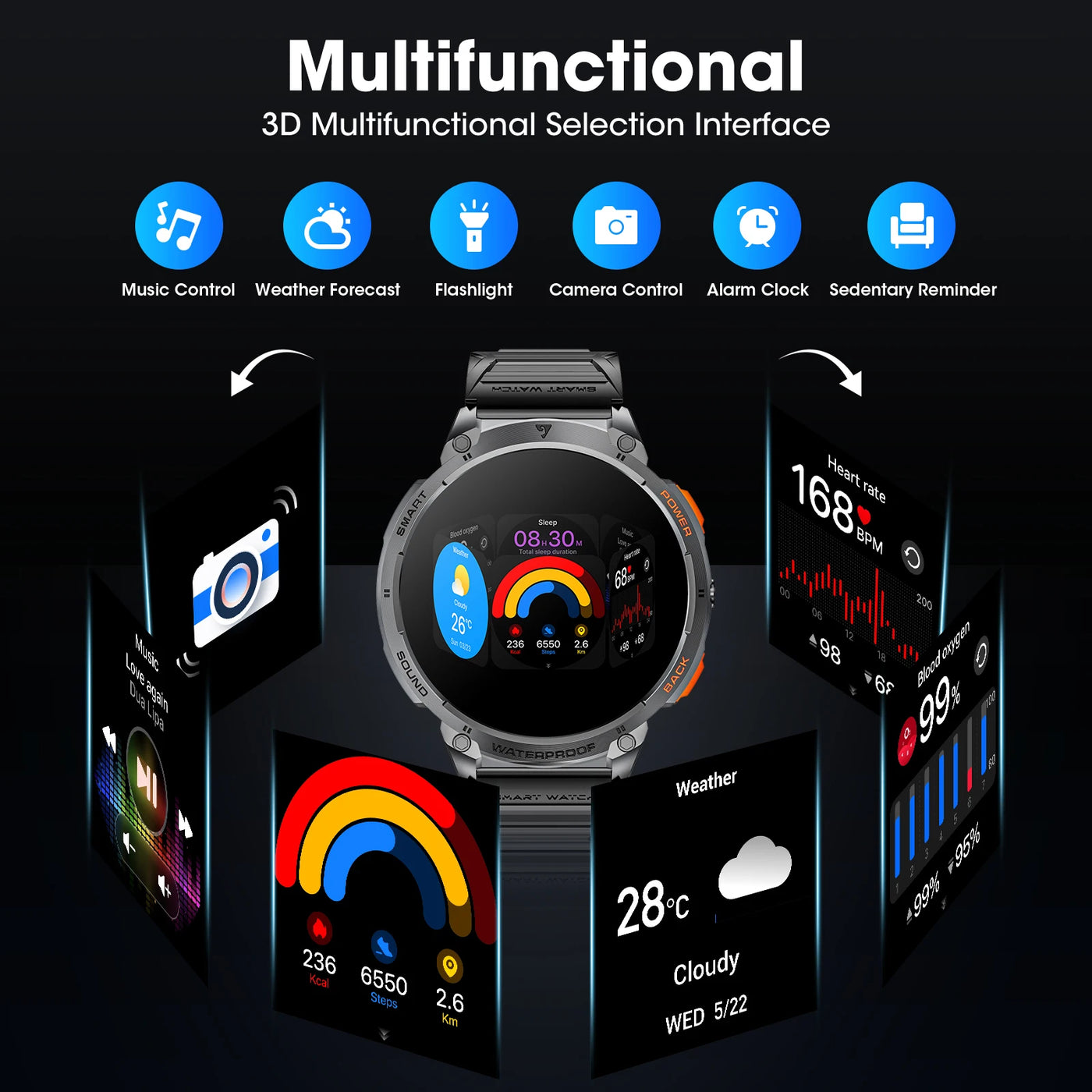 Karchilor Smart Watch showcasing its 3D multifunctional interface with features like music control and weather forecast.