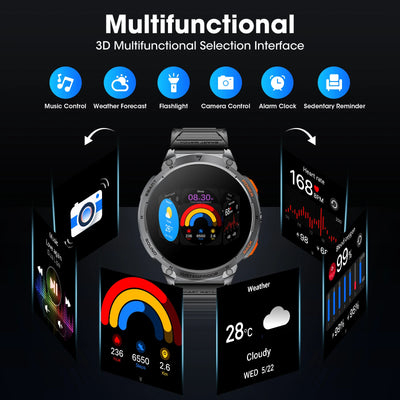 Karchilor Smart Watch showcasing its 3D multifunctional interface with features like music control and weather forecast.