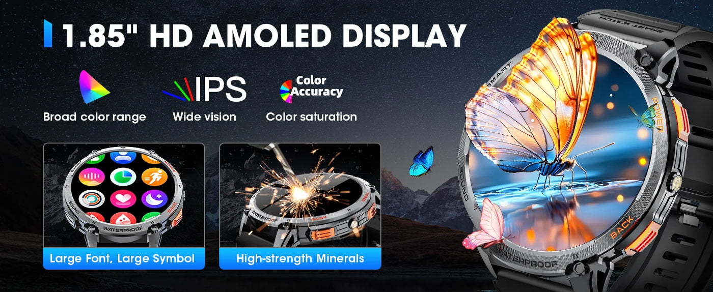 1.85" HD AMOLED smartwatch display showcasing vibrant colors, large icons, and enhanced durability features.