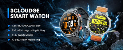 3Cloudge Smart Watch with 1.85" AMOLED Display, 730 mAh Battery, 110+ Sports Modes, and all-day health monitoring.