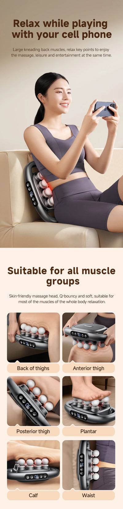 Woman relaxing with a smart electric fascia massager, showing its versatility for deep muscle relief while using a cell phone.