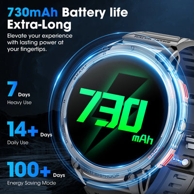 Karchilor smartwatch display showcasing 730mAh battery life, highlighting 7 days heavy use and energy-saving features.