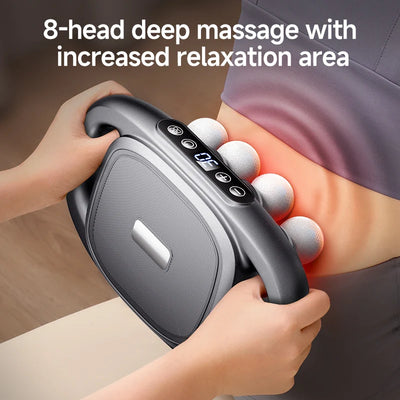 Electric fascia massager showing 8 heads for deep muscle relief and increased relaxation area.