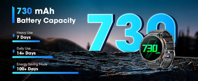 730 mAh battery capacity smartwatch with heavy use lasting 7 days and energy saving mode over 100 days.