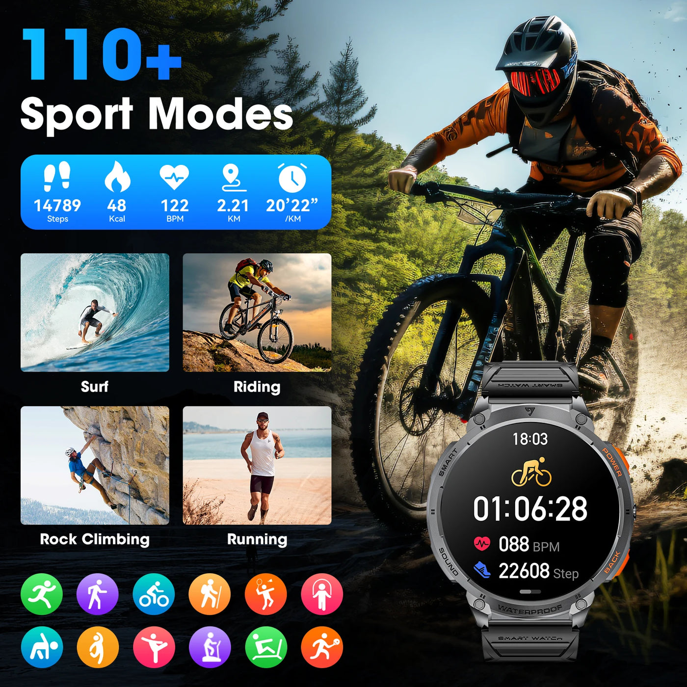 Karchilor Smart Watch showcasing 110+ sport modes with fitness stats like steps, calories burned, and heart rate.