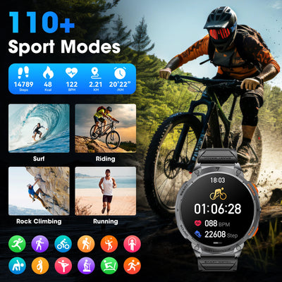 Karchilor Smart Watch showcasing 110+ sport modes with fitness stats like steps, calories burned, and heart rate.
