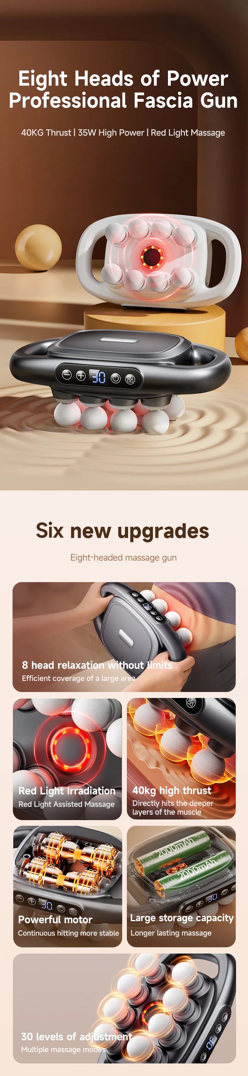 Professional fascia gun with eight powerful massage heads for deep muscle relief and six innovative upgrades.