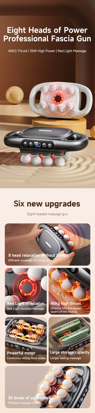 Professional fascia gun with eight powerful massage heads for deep muscle relief and six innovative upgrades.