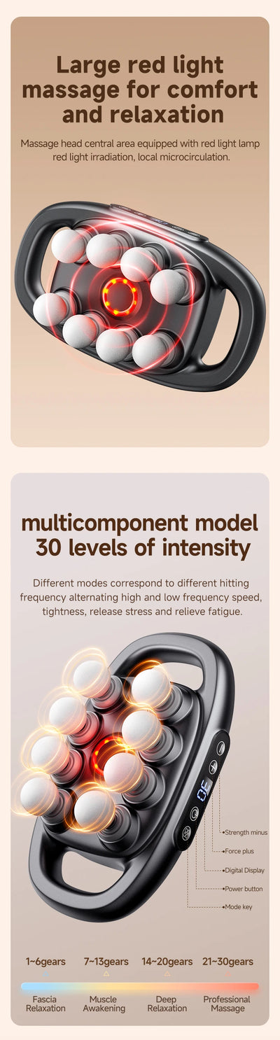 Smart electric fascia massager with large red light for comfort, featuring 30 intensity levels for deep muscle relief.