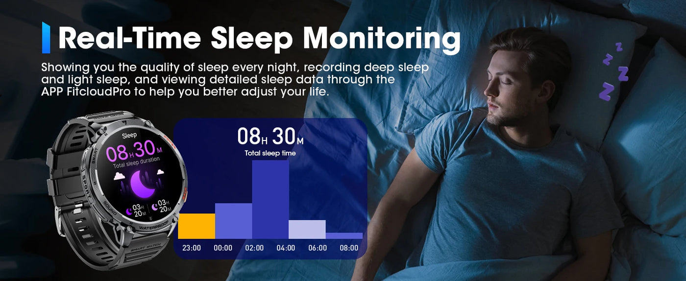 Real-time sleep monitoring with Karchilor Smart Watch displaying sleep data for improved sleep quality.