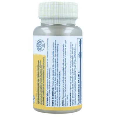 Solaray Vitamin D3 capsules bottle with description for bone health, immunity, and optimal calcium absorption.