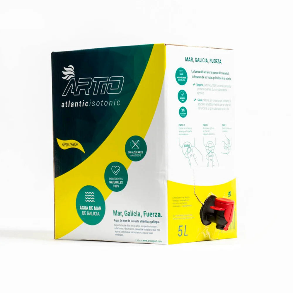 Artio isotonic drink packaging featuring 5L size, promoting natural hydration and performance with no sugar.