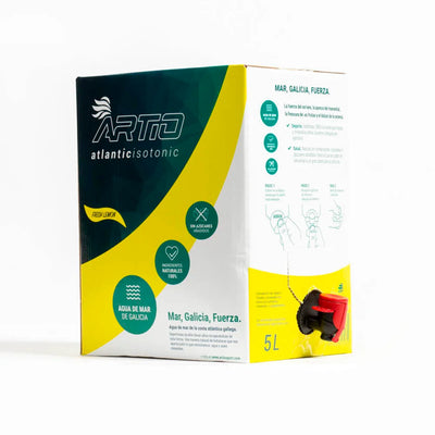 Artio isotonic drink packaging featuring 5L size, promoting natural hydration and performance with no sugar.