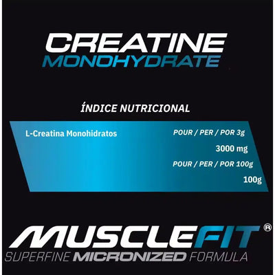MuscleFit Creatine Monohydrate nutritional label, detailing serving size and micronized formula benefits.