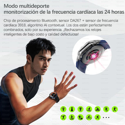 Man using a smartwatch with heart rate monitoring and Bluetooth processing, showcasing sports mode functionality.