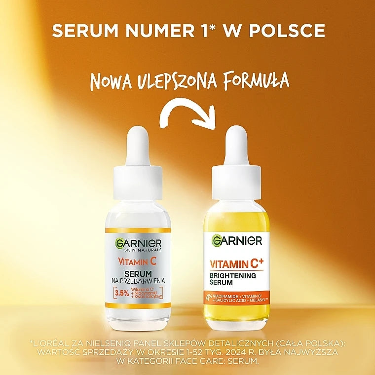 Garnier Vitamin C anti-stain serum bottles showcasing new formula for radiant skin and dark stain reduction.
