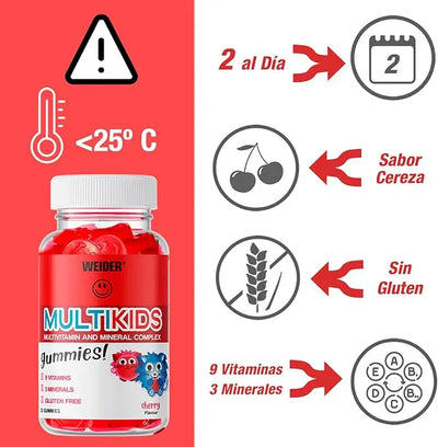 Multikids multivitamin gummies in cherry flavor, sugar-free, gluten-free, with 9 vitamins and minerals for children.
