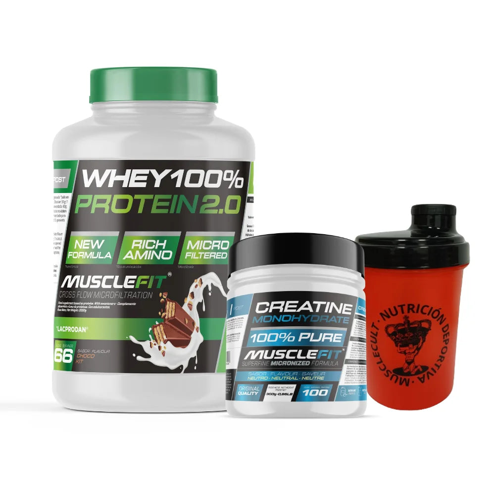 MuscleVIP Whey Protein 2.0 and Creatine Monohydrate with shaker for muscle growth and regeneration.