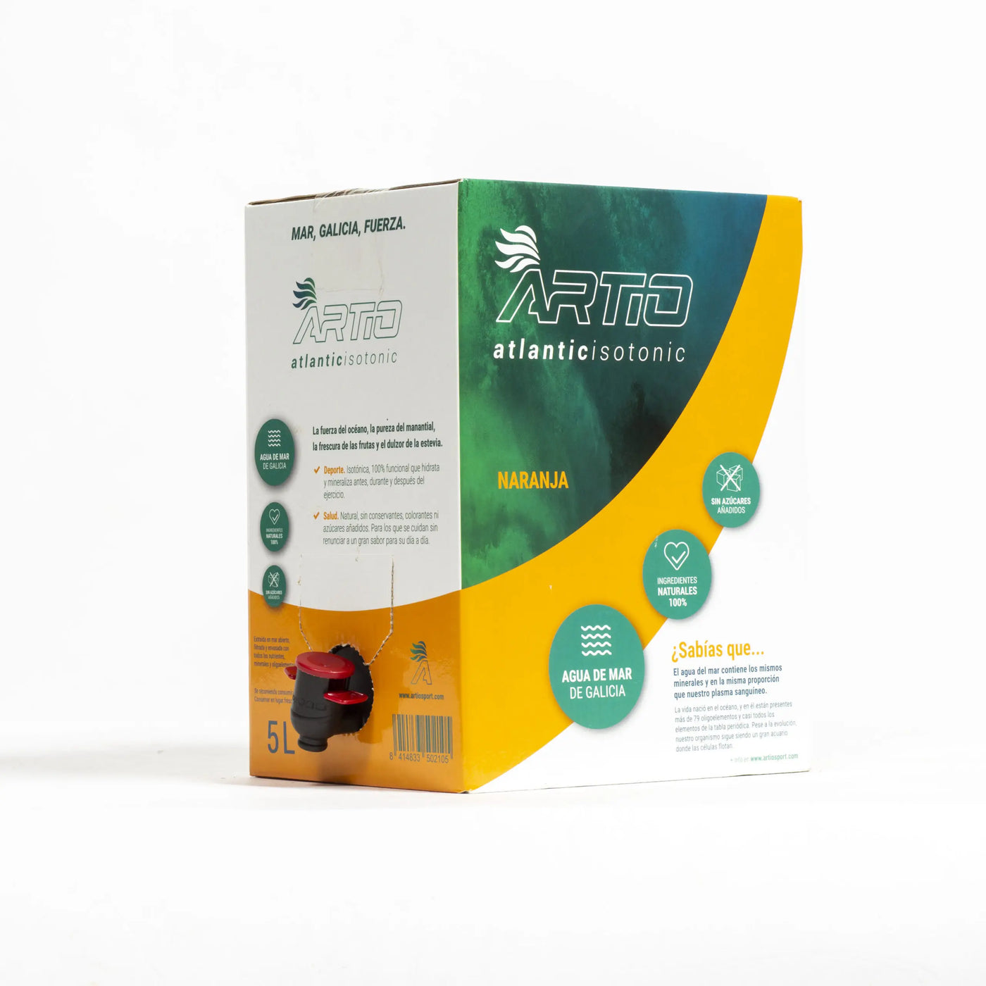 Artio sport isotonic drink orange flavor in 5L packaging, made with 100% natural ingredients, no added sugar, gluten-free.