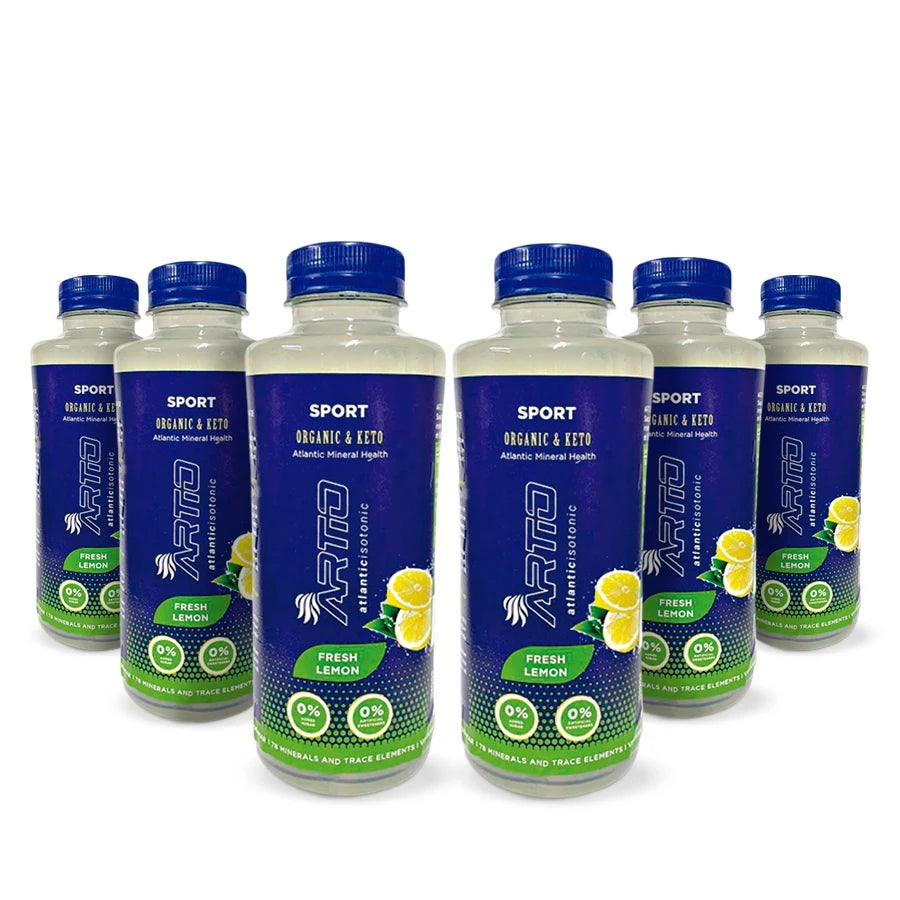 Artio sport isotonic drink lemon flavor pack, sugar-free, vegan, gluten-free, 6 bottles for hydration and wellness.