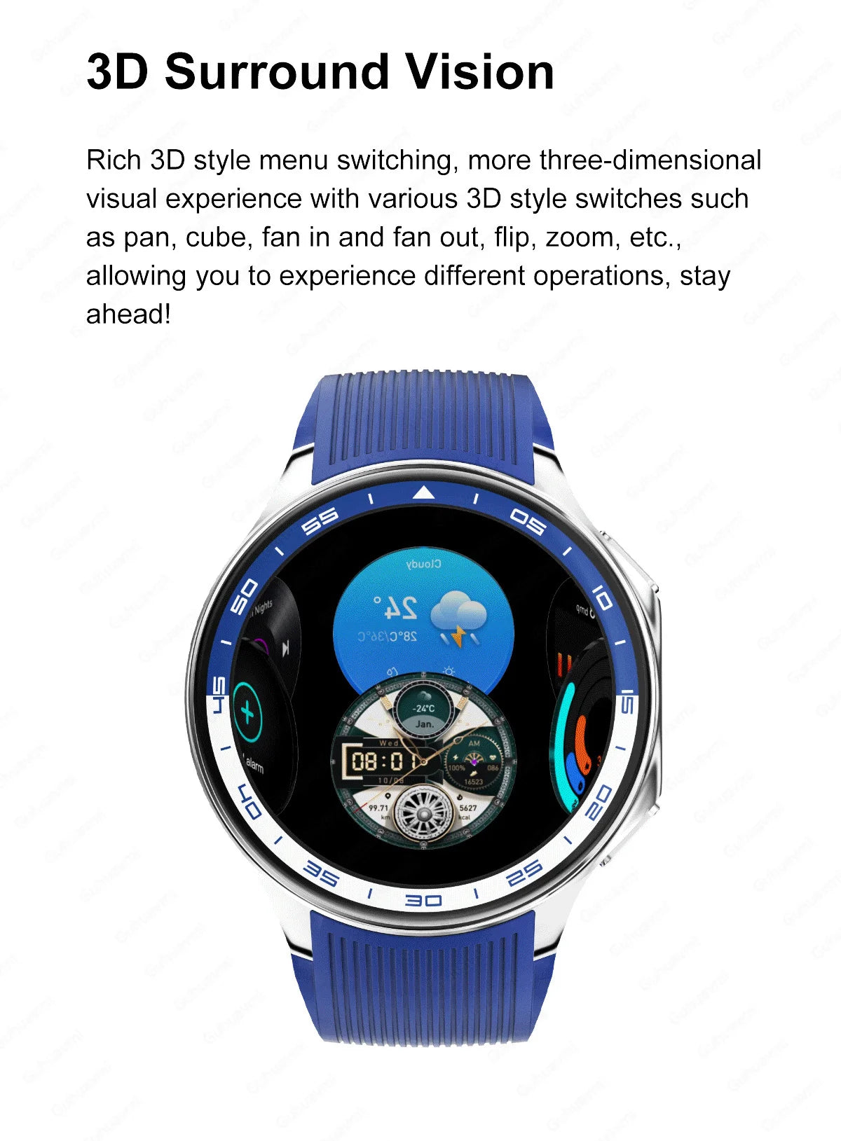 3D surround vision display on 2024 OPPO Watch with a blue strap showcasing dynamic menu options.