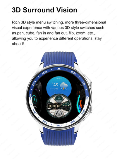 3D surround vision display on 2024 OPPO Watch with a blue strap showcasing dynamic menu options.