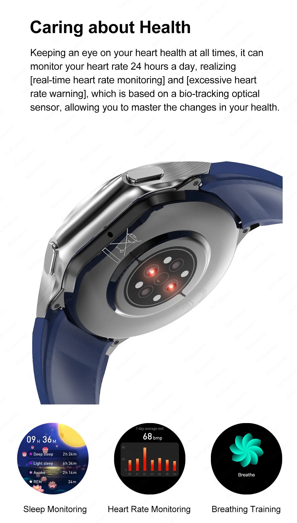 2024 OPPO Watch showing heart rate monitoring features and health tracking capabilities on a blue wristband.