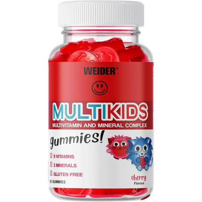 Multikids multivitamins gummies bottle for children, sugar free cherry flavor, supports growth with essential vitamins.
