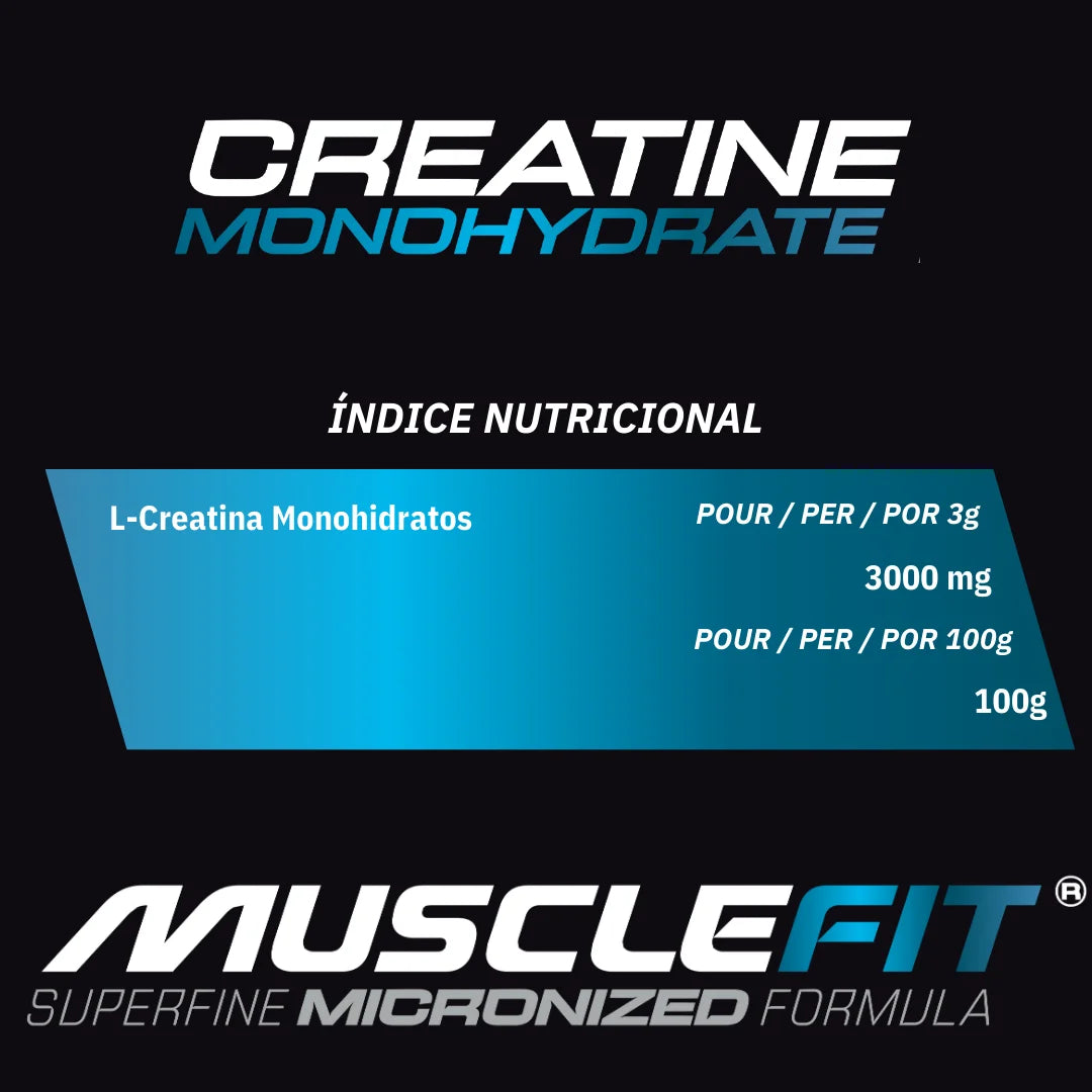 MuscleFit Creatine Monohydrate nutritional info, showing dosage and serving size for enhanced muscle performance.