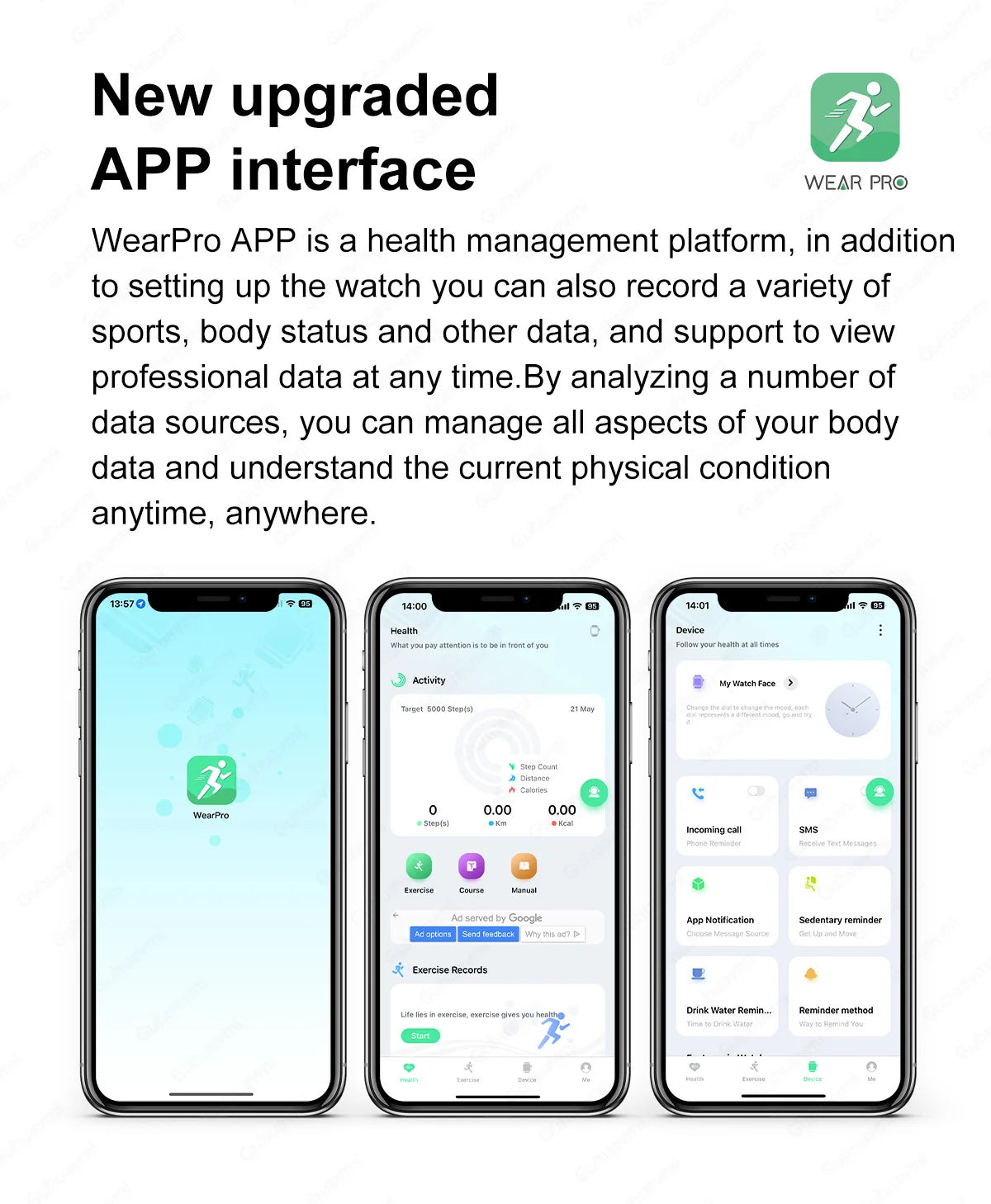 WearPro APP interface showing health management features and design on three smartphones.