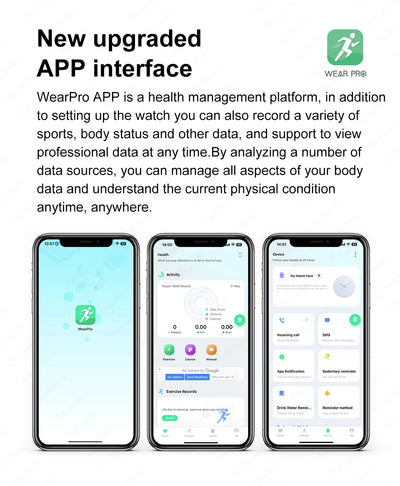 WearPro APP interface showing health management features and design on three smartphones.