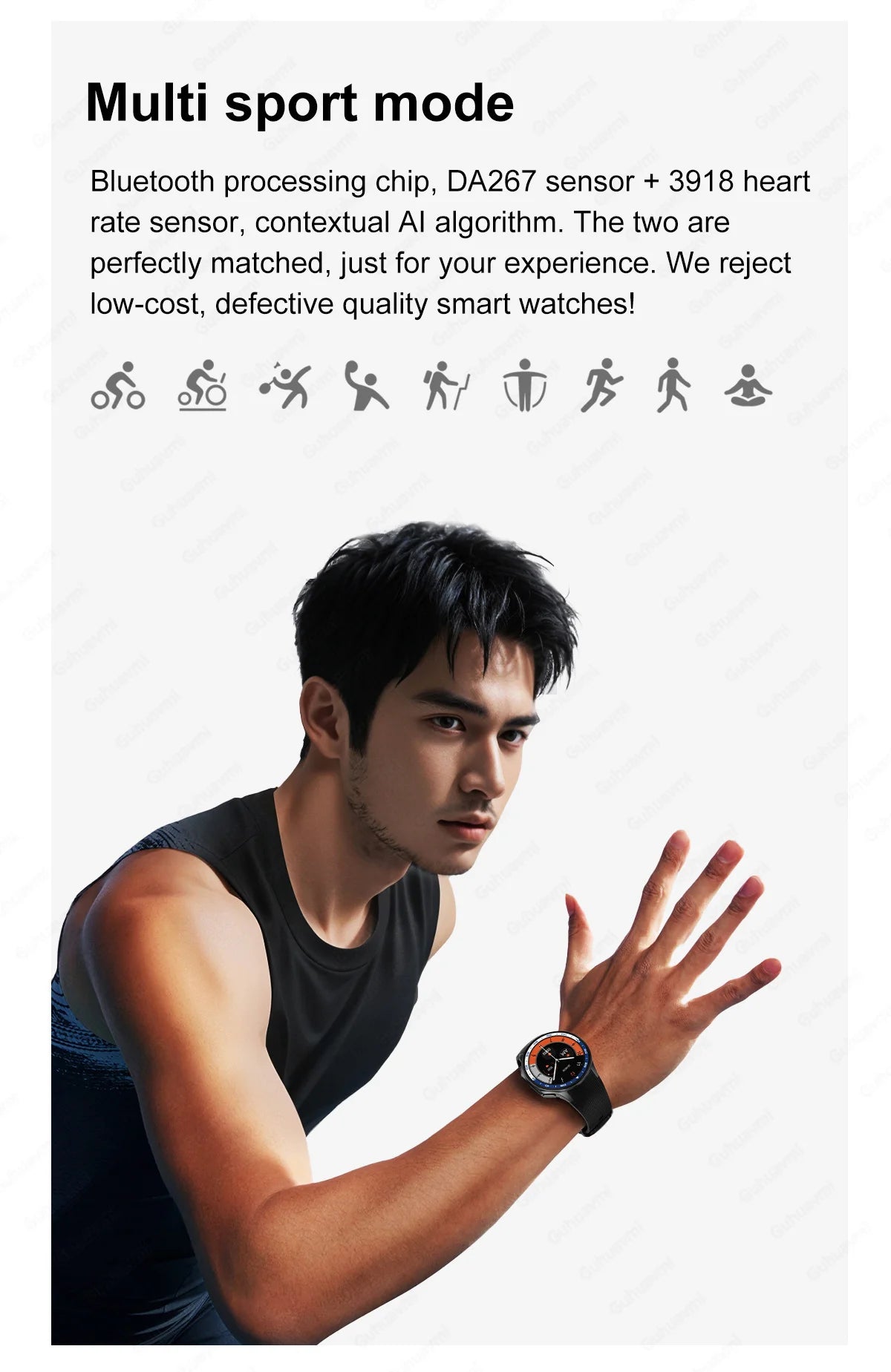 Model demonstrating multi sport mode with OPPO Watch featuring heart rate sensor and Bluetooth connectivity.