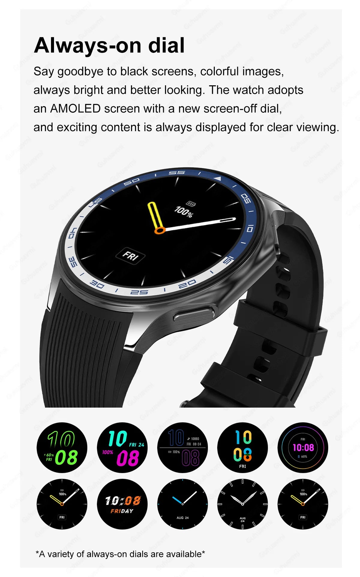 Always-on AMOLED watch dial showcasing colorful designs and clear visibility for time and notifications.