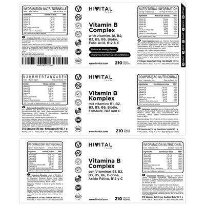 Label of Hivital Labs Vitamin B Complex Vegan Capsules with nutritional information and ingredients list.
