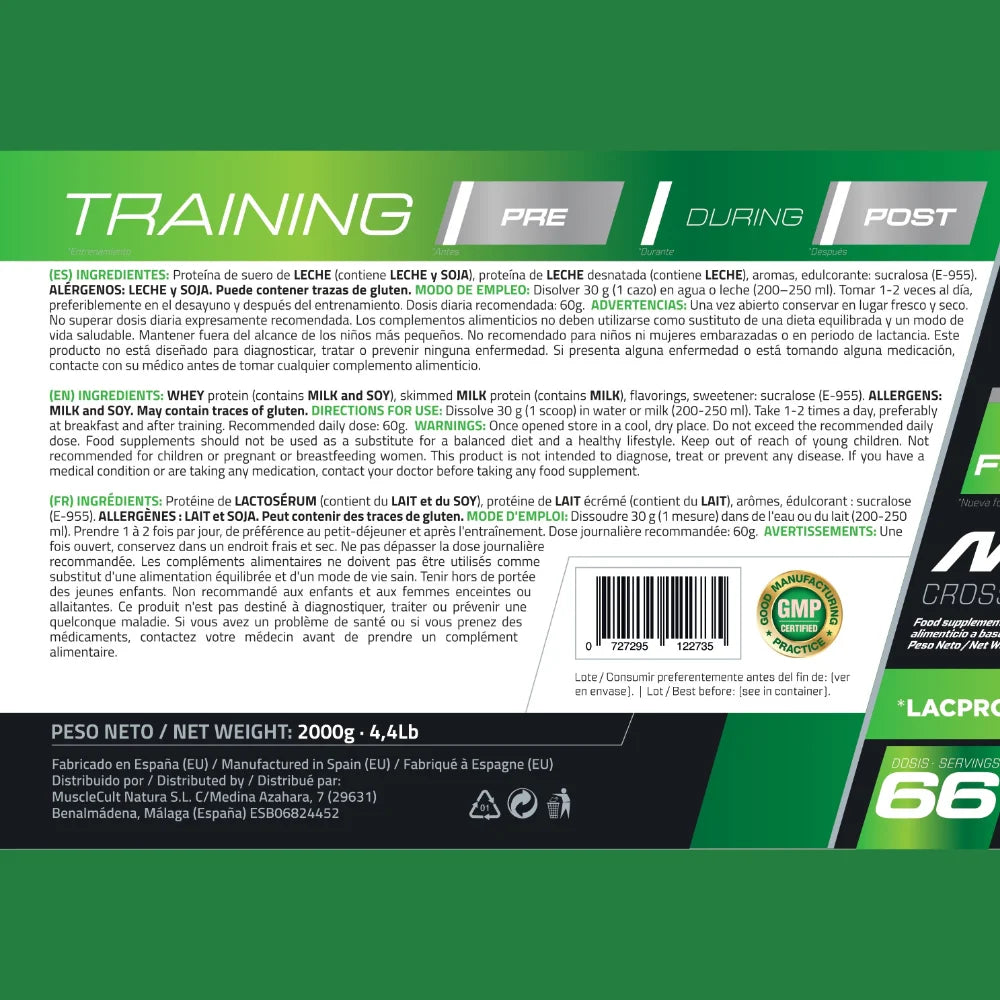 MuscleVIP Whey Protein powder packaging with training instructions for pre, during, and post workout use.