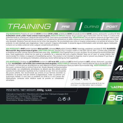 MuscleVIP Whey Protein powder packaging with training instructions for pre, during, and post workout use.