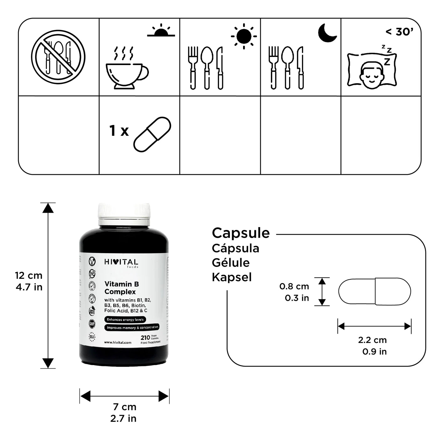 Vitamin B Complex vegan capsules information, usage instructions, and product dimensions for natural energy and mood support.