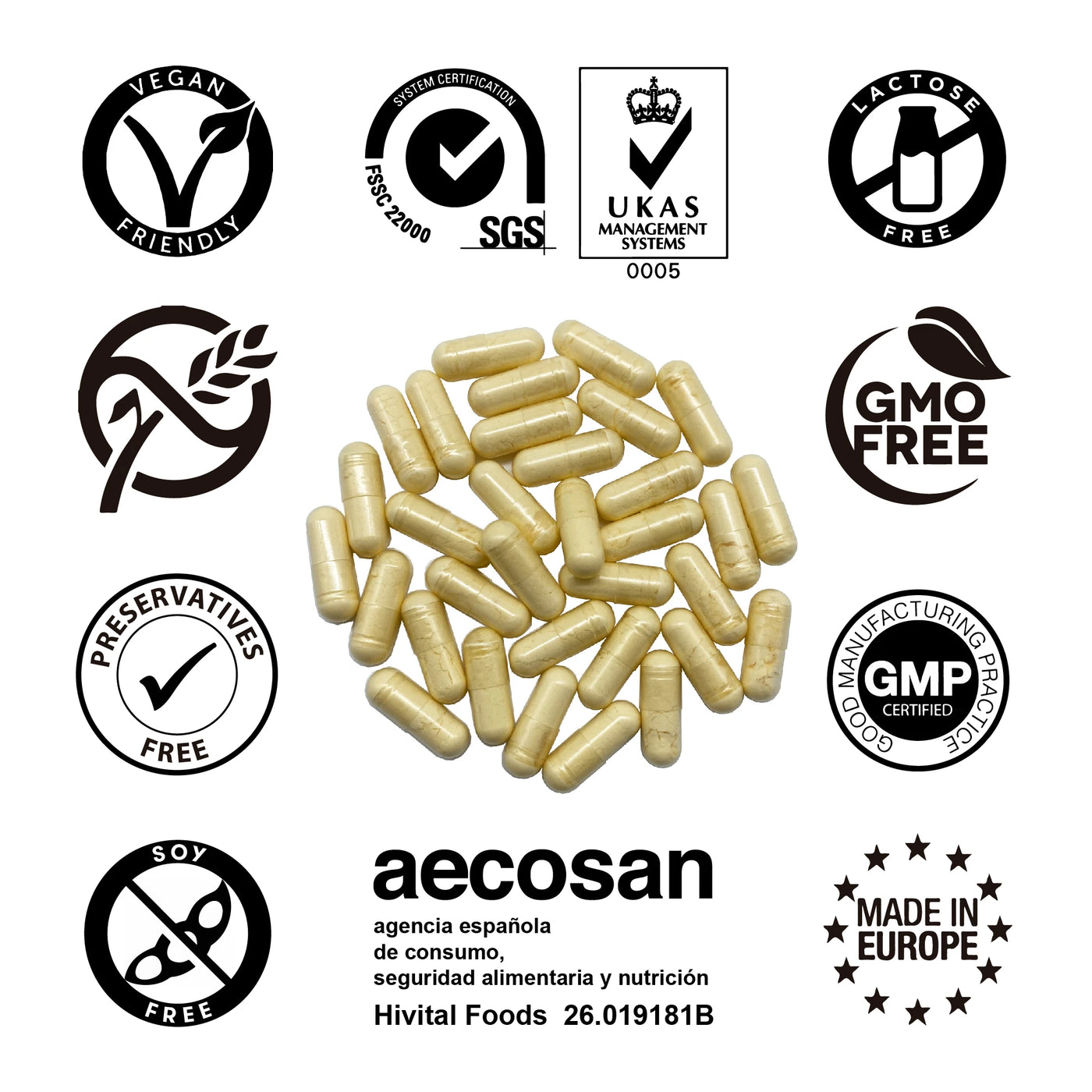 Vegan Vitamin B complex capsules with certification icons for quality and safety, made in Europe by Hivital Foods.